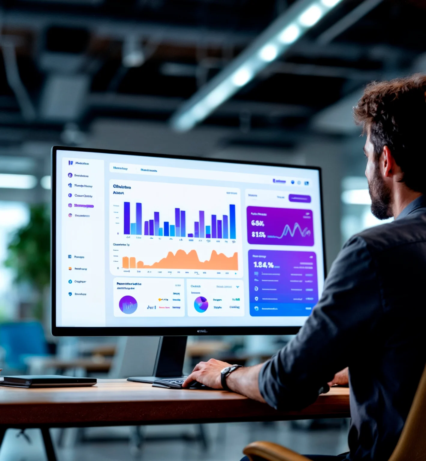 Digital marketing strategy analysis on computer screen showing analytics dashboard and performance metrics