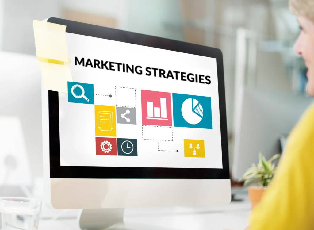 Digital marketing strategies on computer screen showing marketing solutions, planning and growth channels
