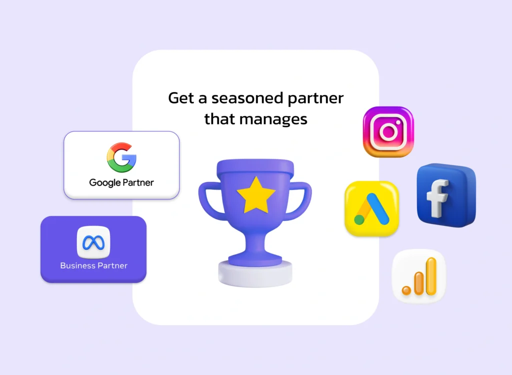 Paid marketing partners illustration with Google, Meta, TikTok and Facebook advertising platforms and certification trophy