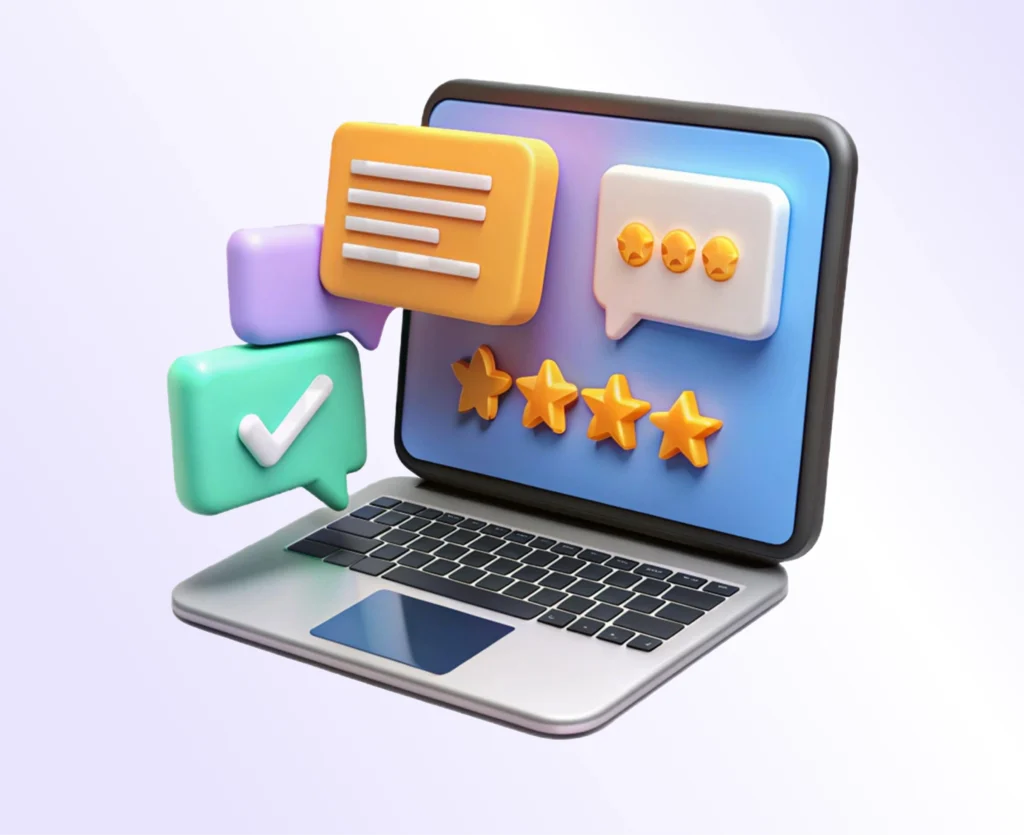 Client reviews and star ratings on laptop screen showing customer feedback and testimonials for digital marketing services