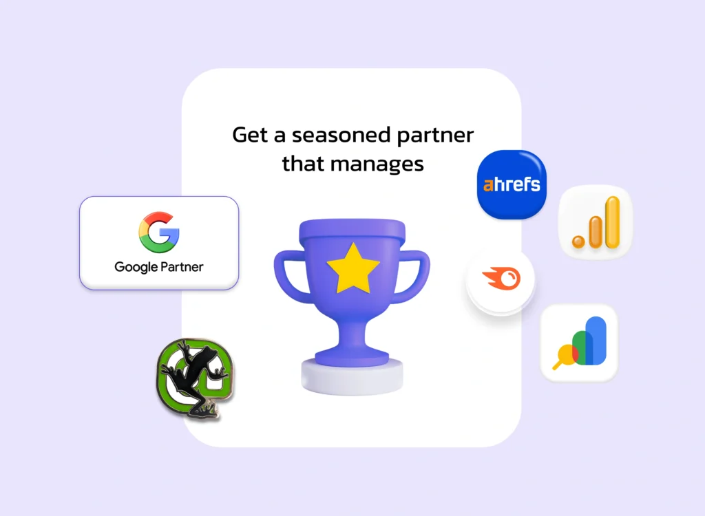 Search engine optimization SEO tools and analytics platforms illustration with growth metrics and performance tracking