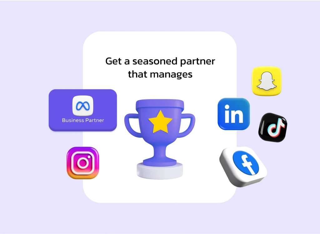Social media marketing platforms illustration with LinkedIn, TikTok and Instagram icons and growth trophy representing campaign success