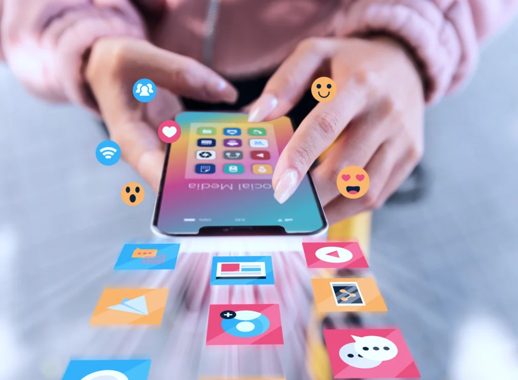 Social media marketing on mobile phone showing app icons, user engagement and digital content interaction