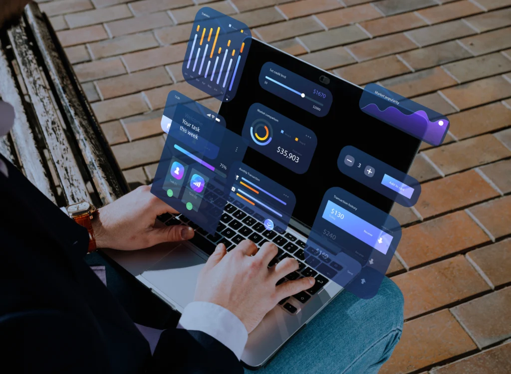 Website management dashboard on laptop showing CMS interface, system controls and digital platform management