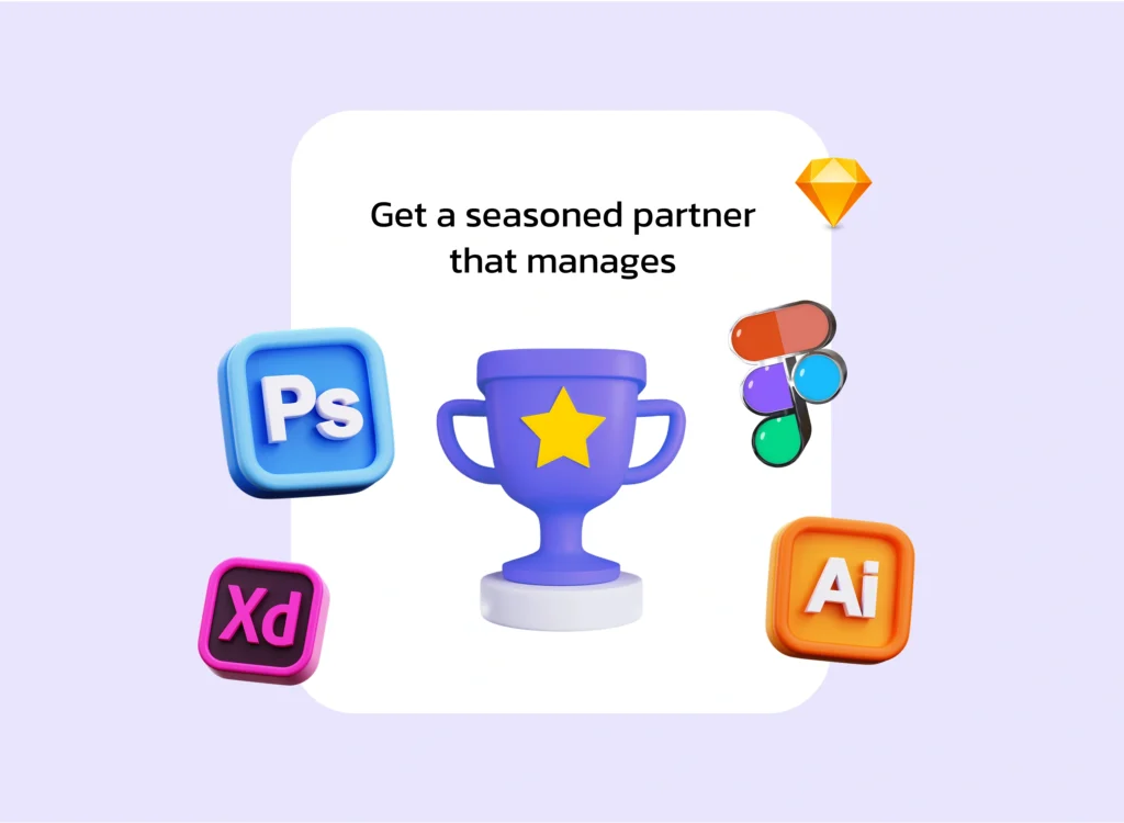 UX design tools illustration with Figma, Adobe XD, Photoshop and Illustrator icons representing user experience expertise