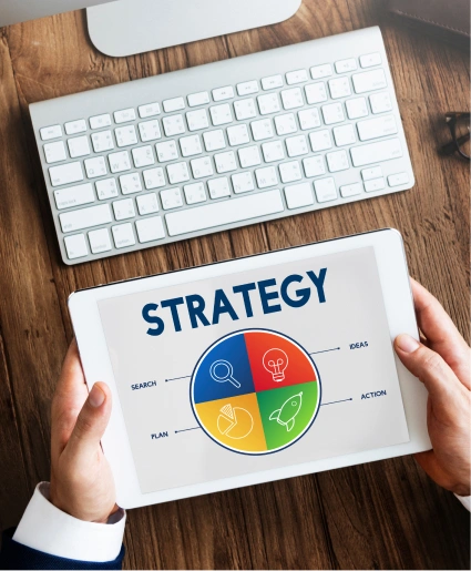 Digital marketing strategy planning on tablet showing business growth chart and data analysis